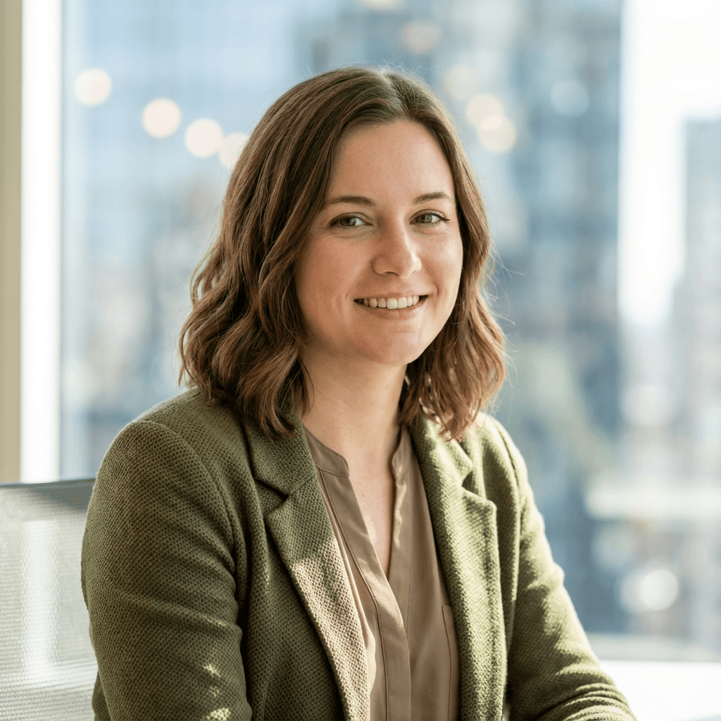 Female office manager in her 40s, white, professional demeanor
