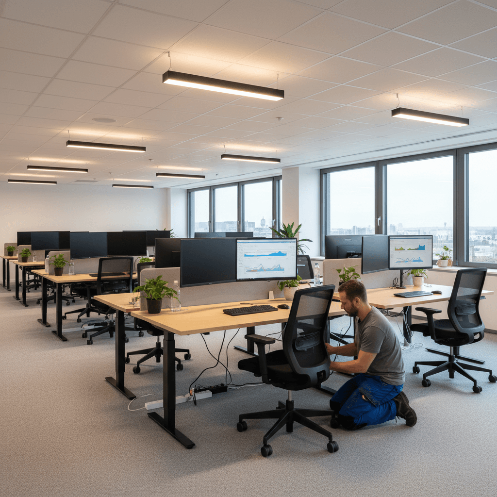 Installer adjusting a sit-stand desk in a functional office space