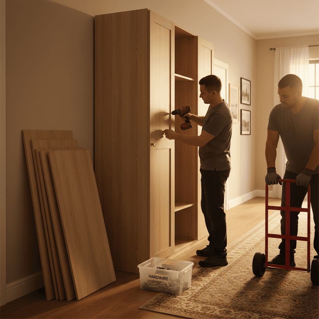 Installer disassembling a wardrobe in a residential hallway with a dolly nearby