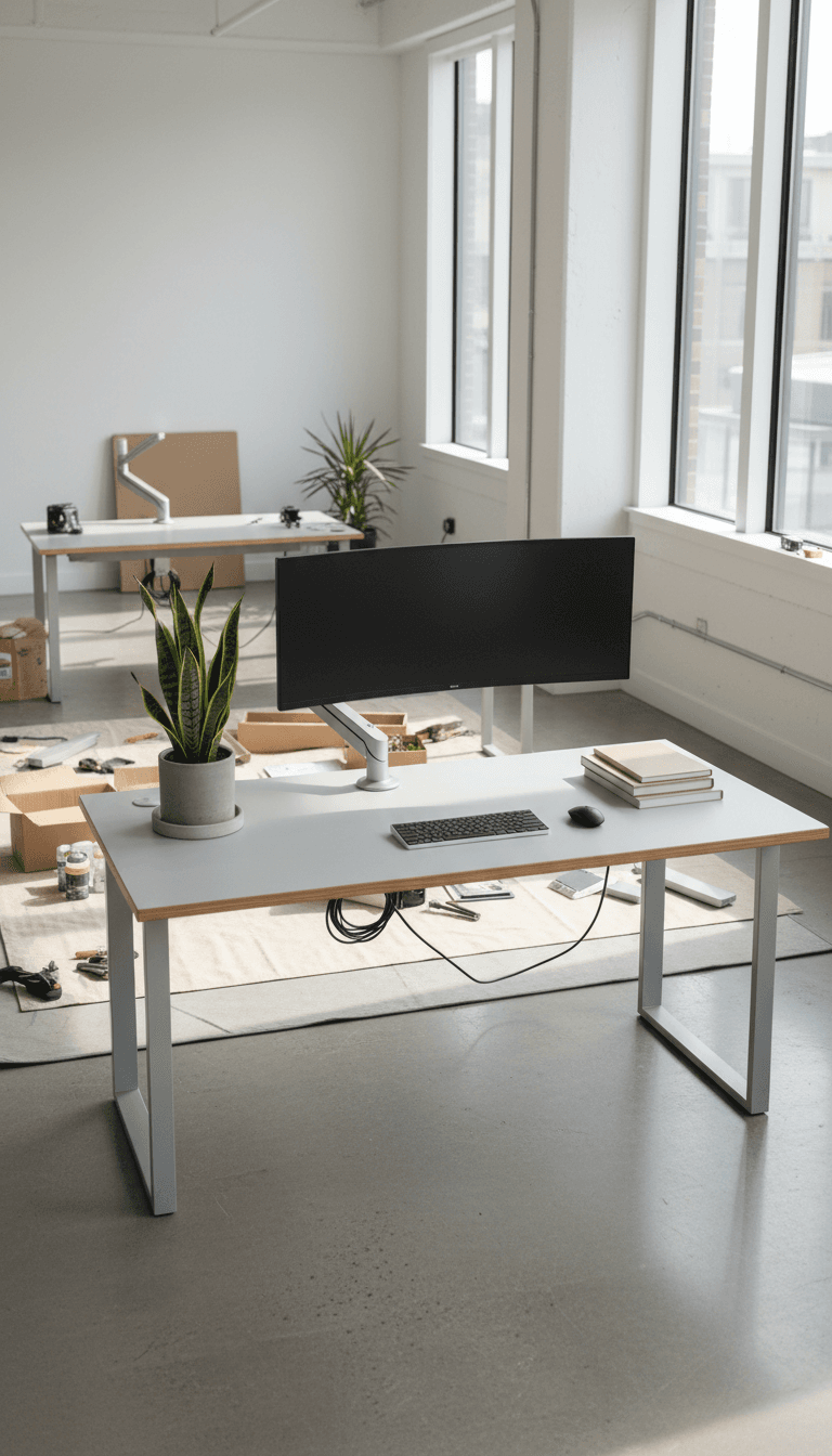 Assembled office desks in a bright commercial space