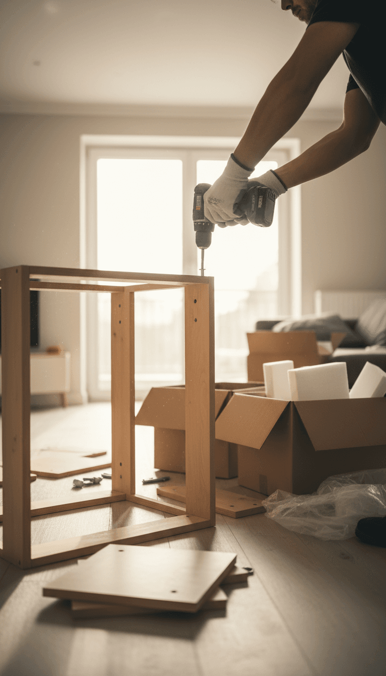 Professional furniture installer assembling a cabinet with a drill in a Toronto living room