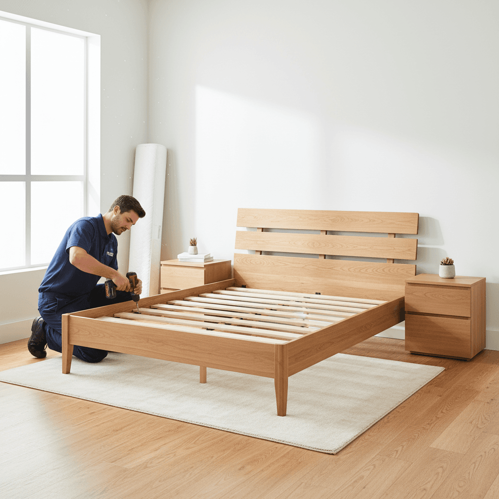 Professional installer tightening a screw on a bed frame in a bright living room