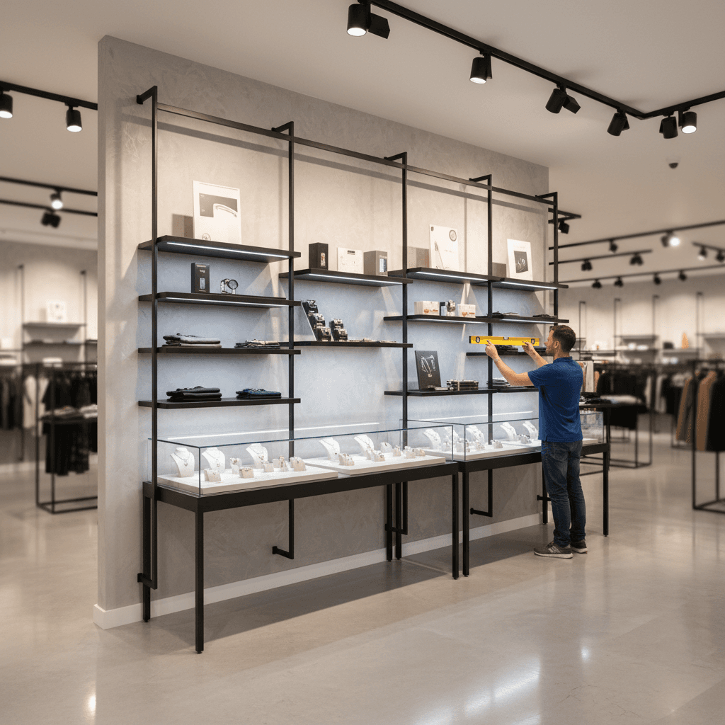 Installer leveling a shelf bracket in a retail display area