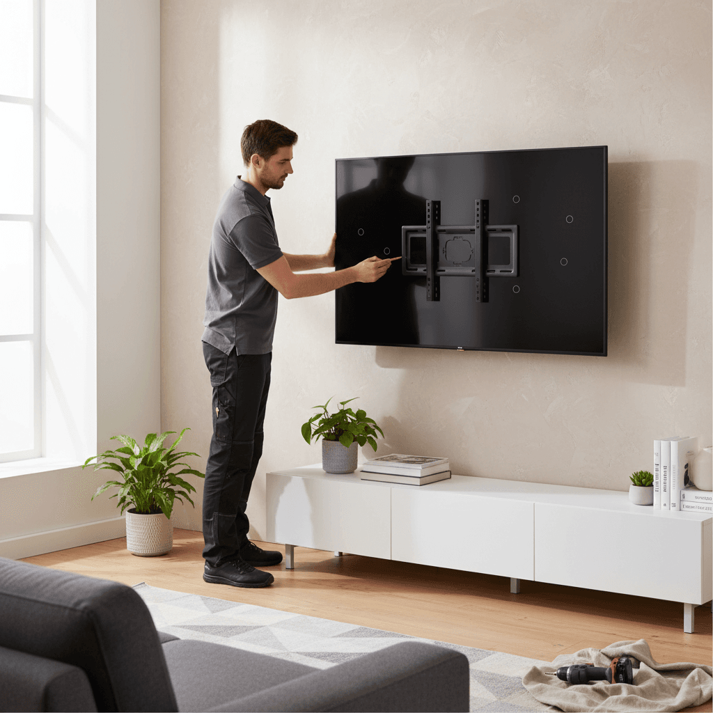 Installer holding a flat-screen TV while marking bracket positions on a wall