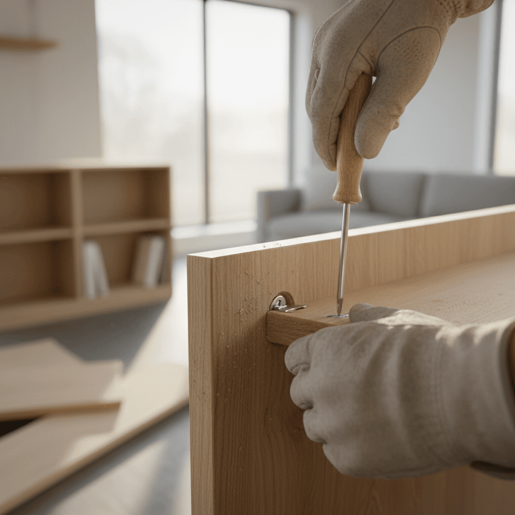 Installer hands tightening a cam lock on furniture panel