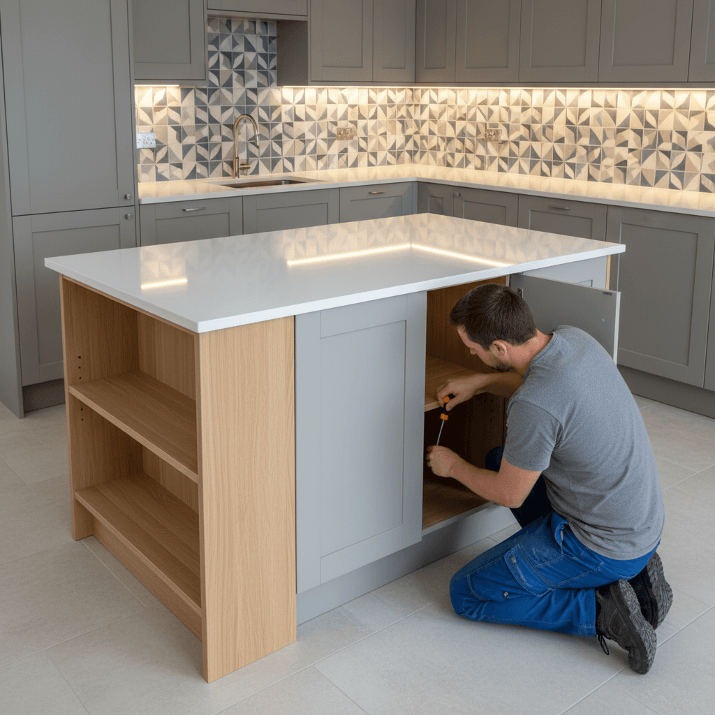 Installer adjusting a cabinet door on a kitchen island unit