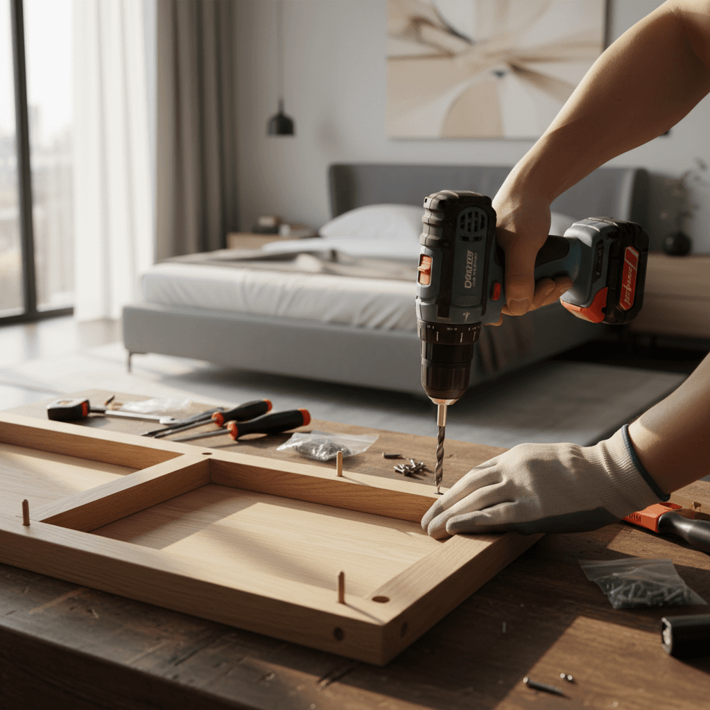 Installer carefully tightening a screw on a furniture frame