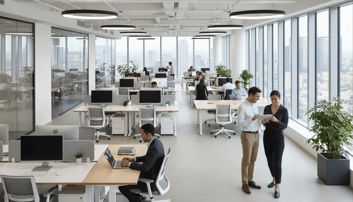 Open-plan office with assembled desks