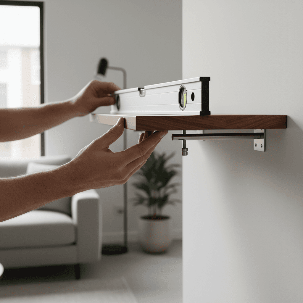 Furniture installer assembling a bookshelf in a bright Toronto apartment