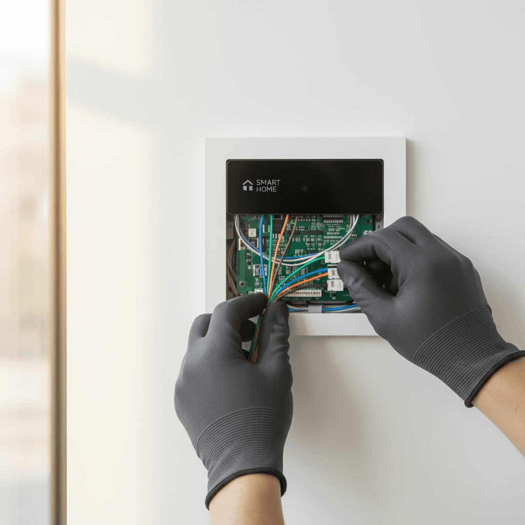 Installer leveling a wall-mounted shelf