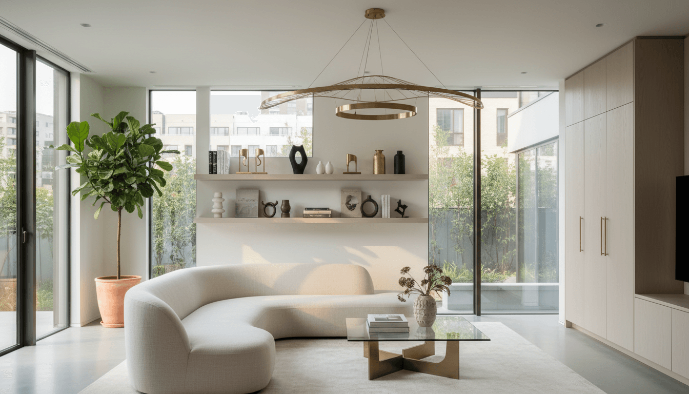 Fully assembled modern living room with bookshelf and sofa