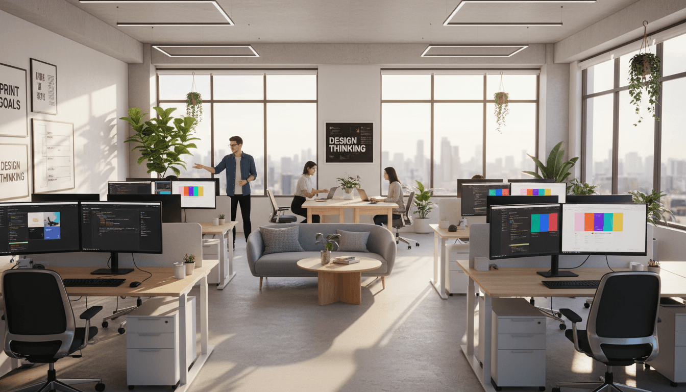 Two installers positioning a white desk in a Toronto office space