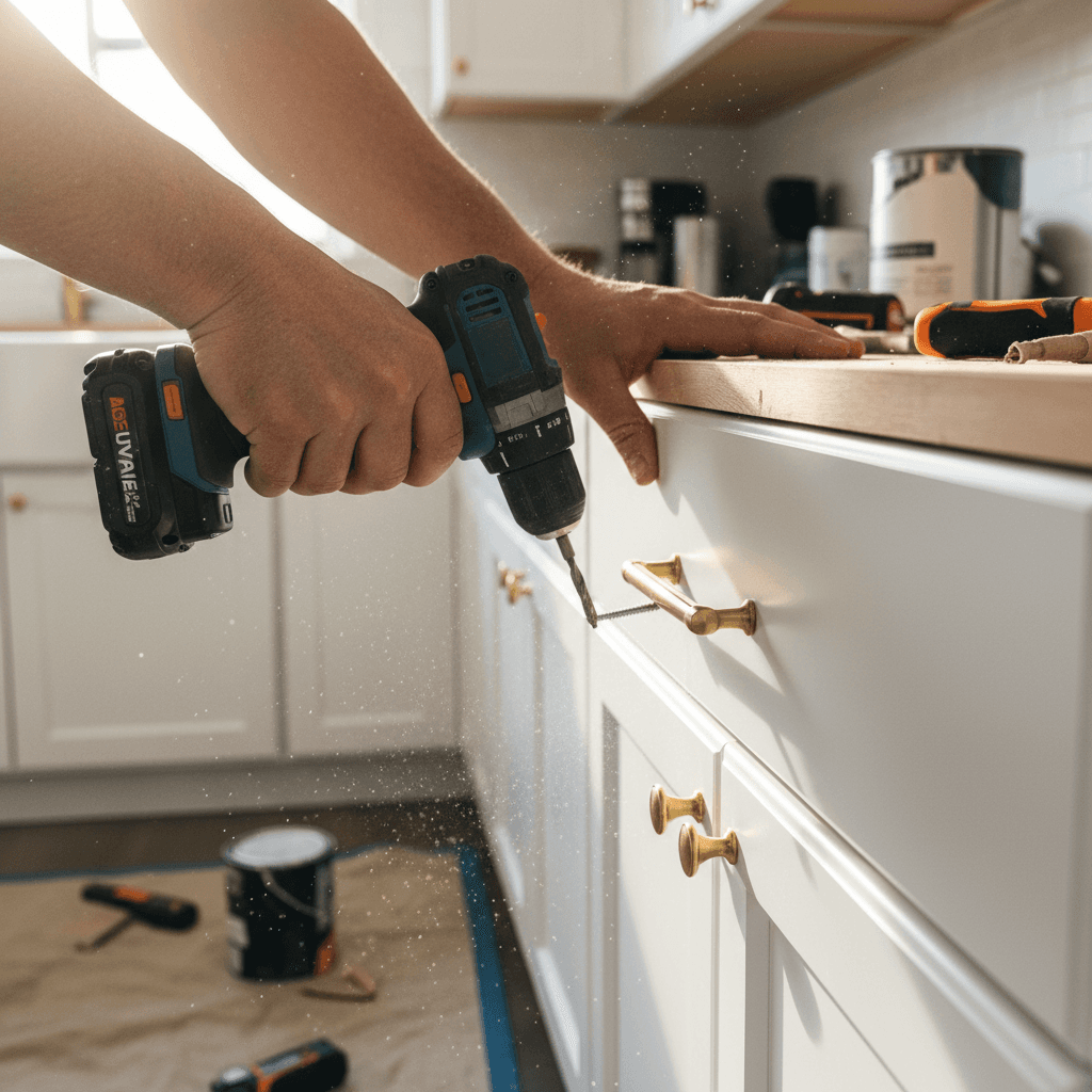Professional furniture installer assembling a cabinet in a Toronto home